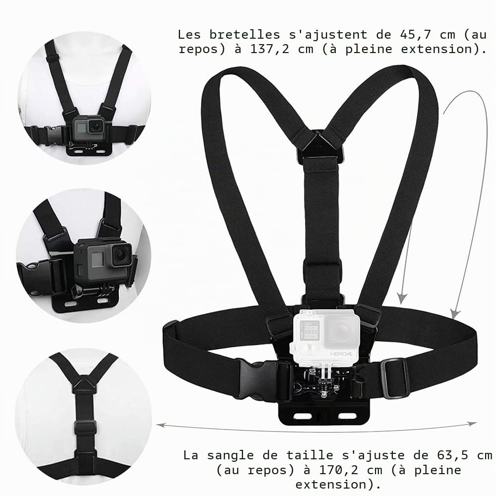 Kit d'Accessoires 5 en 1 pour Camera Action, Harnais Poitrine Fixation Bandeau, Perche à Selfie Compatible avec GoPro Hero 13 12 11/DJI Osmo Action 4 5 Pro/Pocket 3/AKASO EK7000/Apexcam