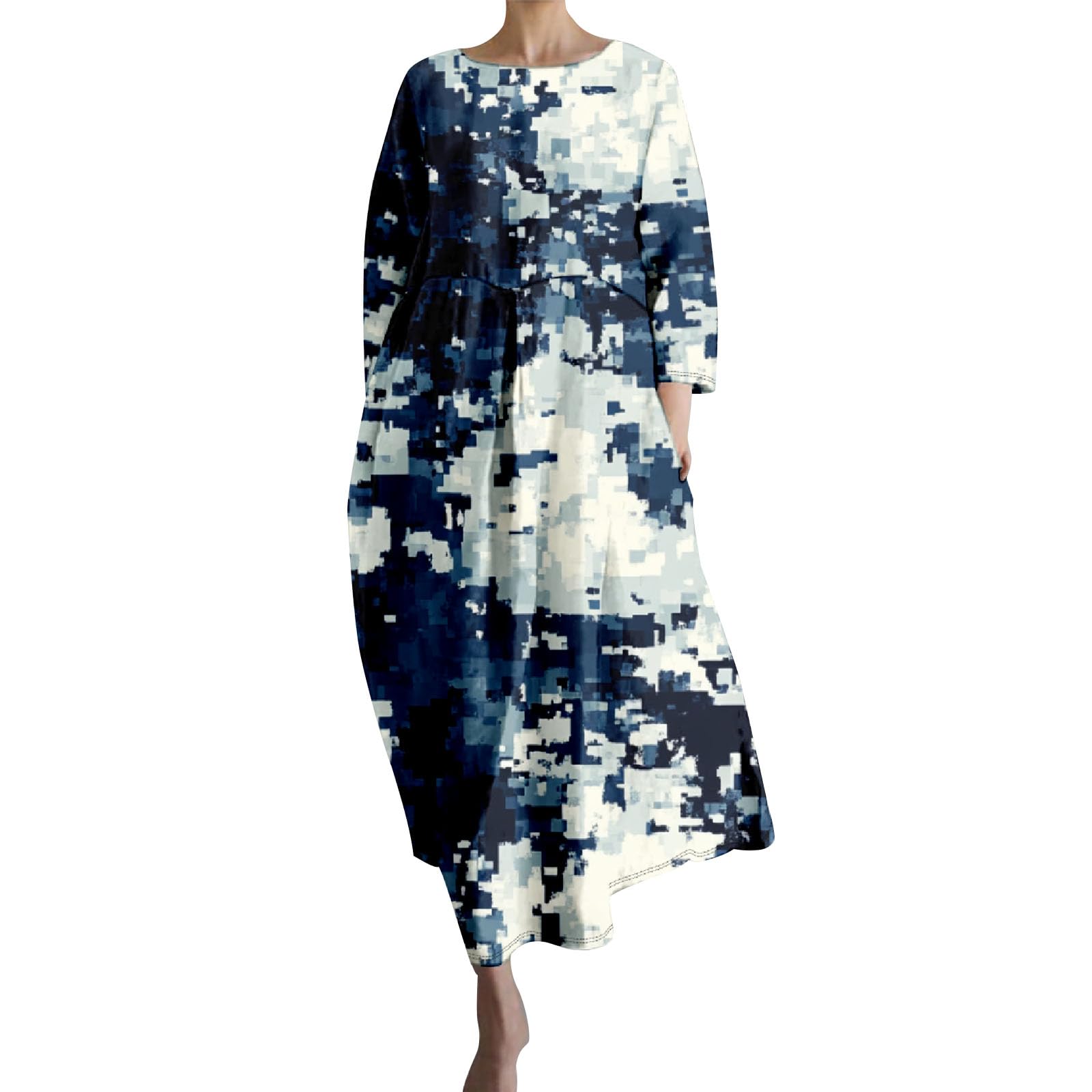 Linen Maxi Dress for Women Vintage Floral Print Plus Size Summer Casual 3/4 Sleeve Dresses with Pockets