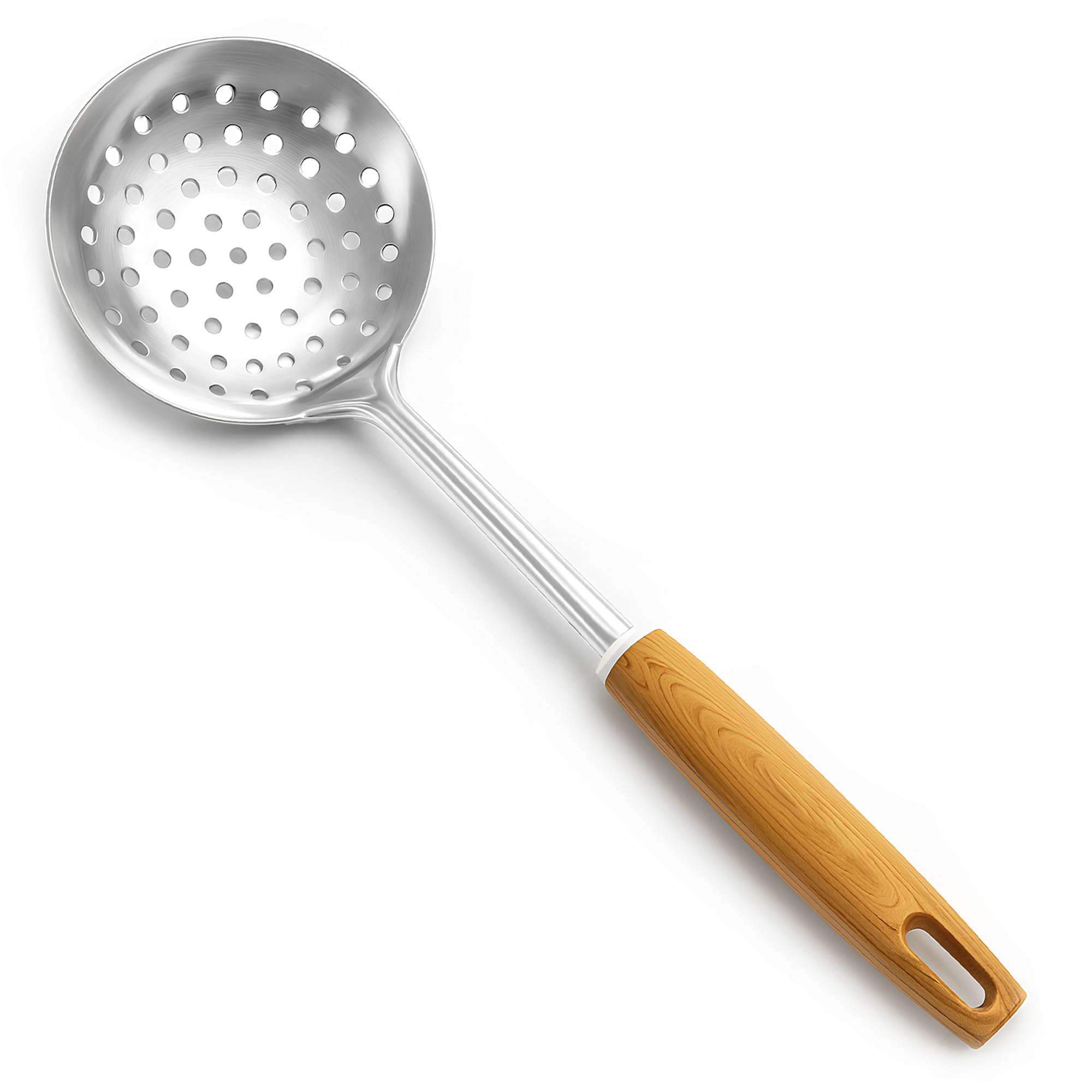 Skimmer Slotted Spoon, Ladle with Holes, Stainless Steel with Nylon Wood Effect Handle, Kitchen Cooking and Frying Spoon, Strainer Oil Colander