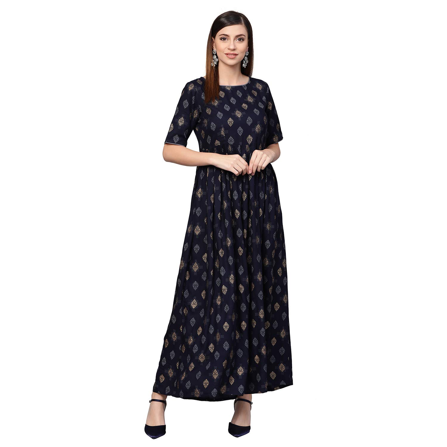 Idalia Navy Blue Gold Pure Cotton 3/4 Sleeve Kurta Set With Dupatta For Women