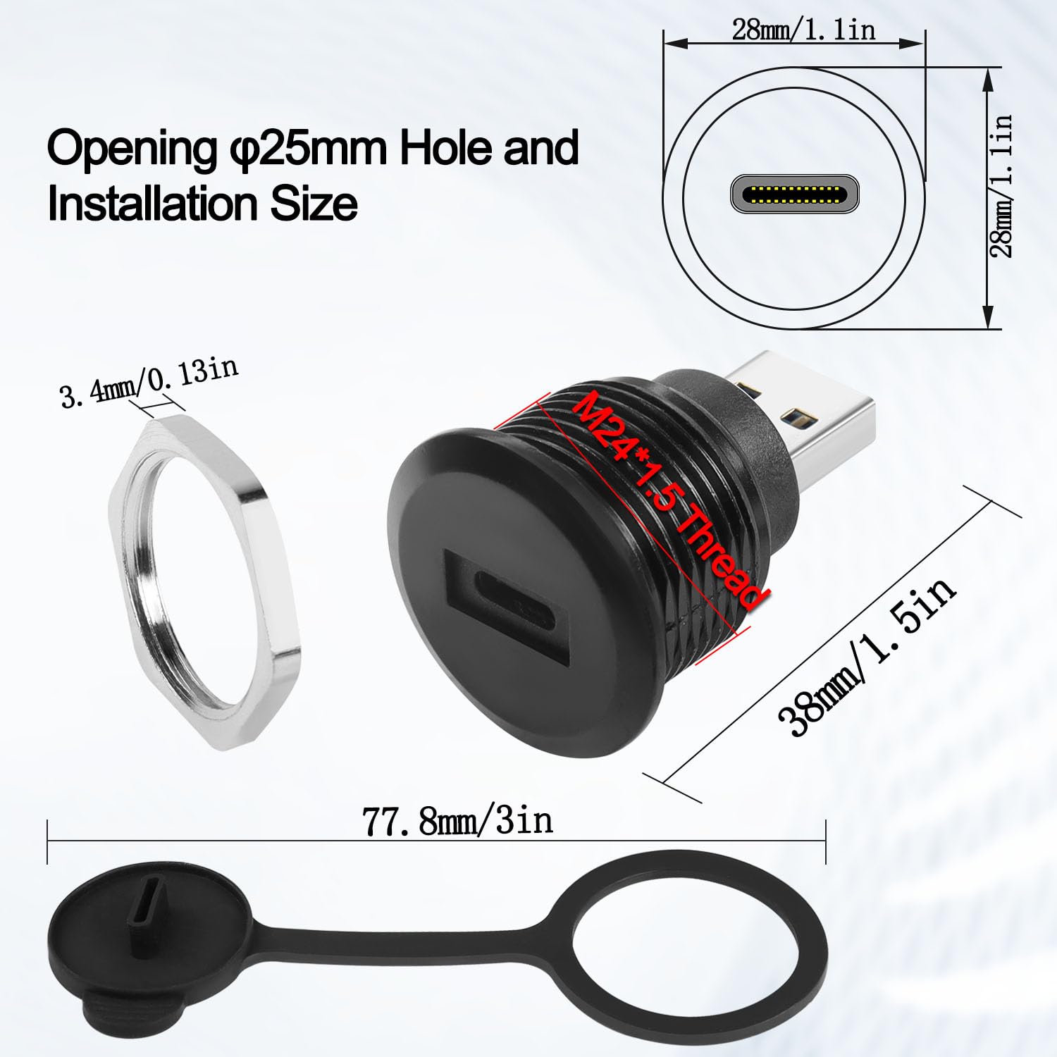 QIANRENON Adattatore USB 3.0 Maschio A USB-C Femmina Con Fissaggio Filettato, Dado M24