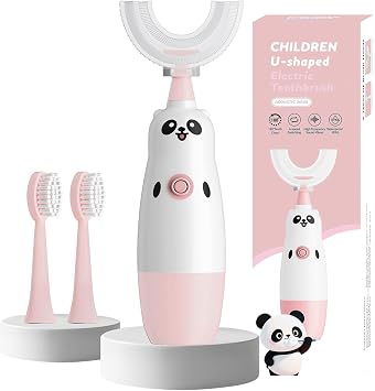 Hikid Kids U-Shaped Electric Toothbrush with 2 Brush Heads, Toddlers Sonic with 360 Degree Cleaning, Soft Bristles, Battery Included, IPX7 Waterproof, Cute Cartoon for Girls and Boys,Ages 2-7 Pink