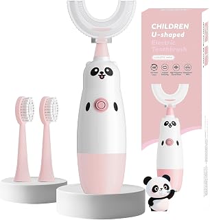 Kids U-Shaped Electric Toothbrush with 2 Brush Heads, Toddlers Sonic with 360 Degree Cleaning, Soft Bristles, Battery Included, IPX7 Waterproof, Cute cartoon for Girls and Boys, Ages 2-7 (Pink)