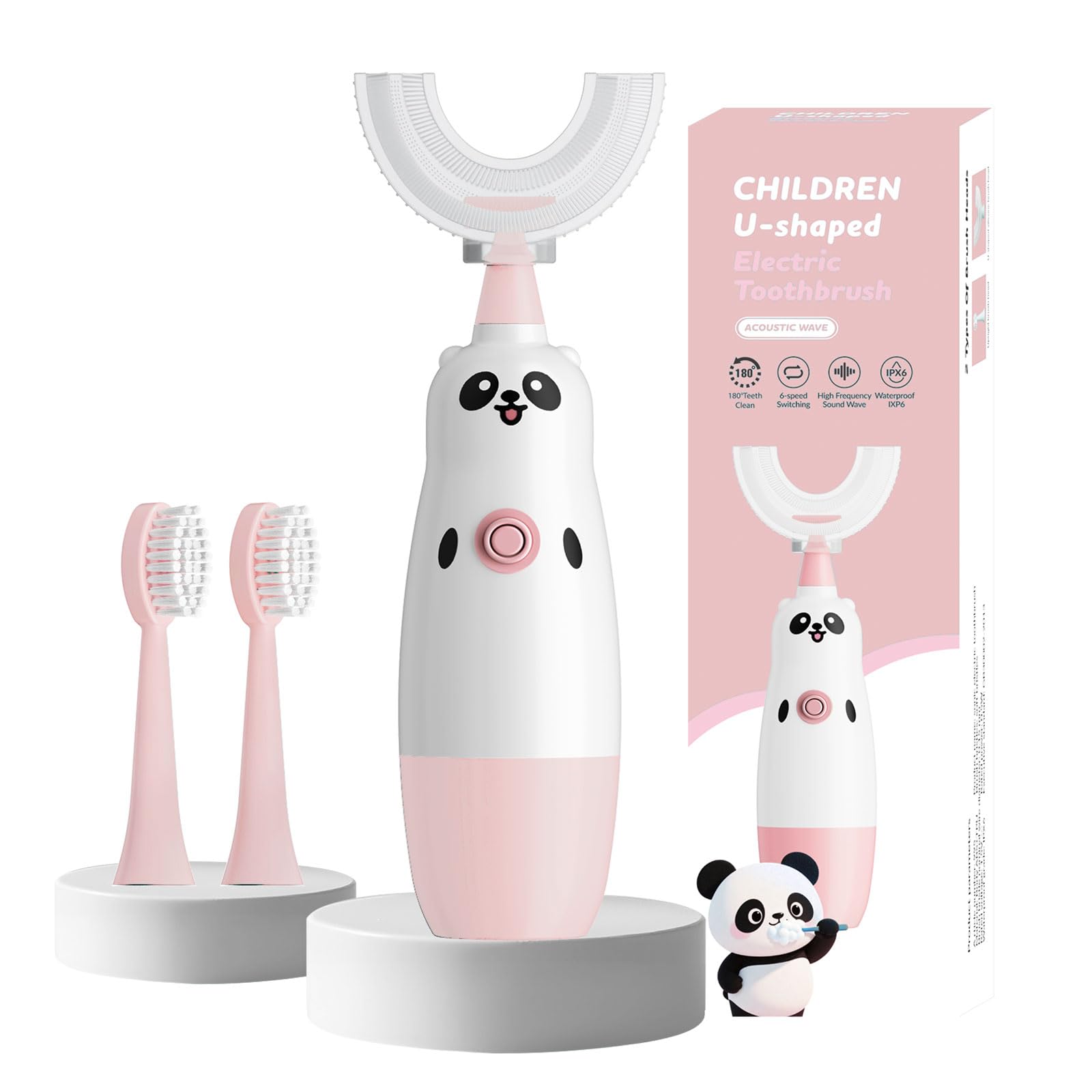 Kids U-Shaped Electric Toothbrush with 2 Brush Heads, Toddlers Sonic with 360 Degree Cleaning, Soft Bristles, Battery Included, IPX7 Waterproof, Cute