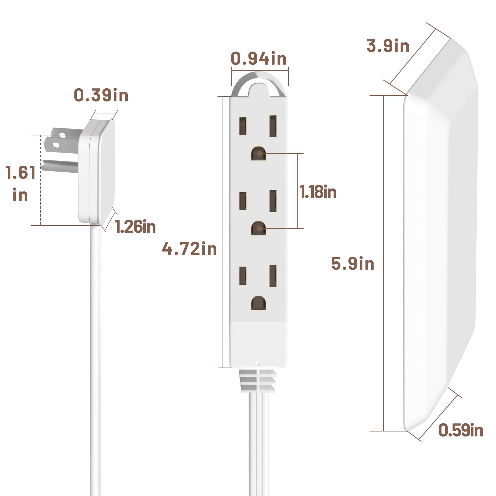 Flachstecker-Verlängerungskabel mit 3 Steckdosenleisten, ultradünner Steckdosenverdecker mit Steckdosenabdeckungen, babysicher, flache Steckdosenverlängerung für Zuhause, Schlafzimmer, Küche