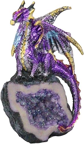 Ebros Gift Fantasía Iridiscente Meteorito Dragón Guardando Geoda Imitación Cuarzo Cristal Caverna, Estatuilla de Roca, Colección Mediana, Calabozos,
