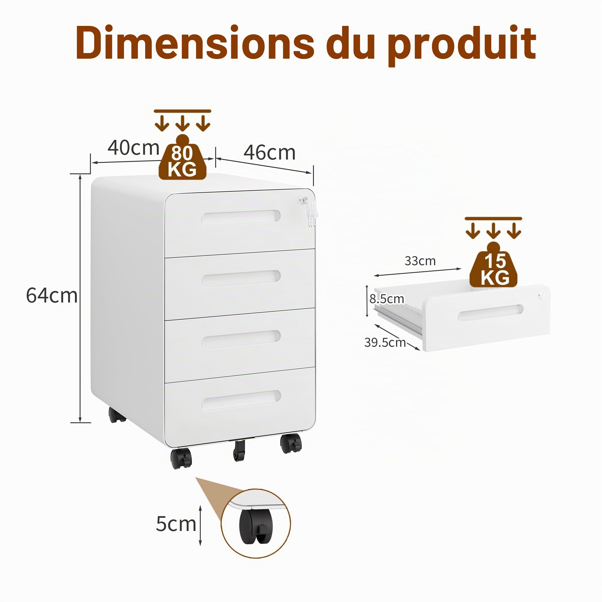 Caisson de Bureau Metal, Caisson de Rangement Mobile, Caisson à 4 Tiroirs, Coins arrondis, Meuble de Rangement Bureau, avec Serrure, 4 Clés, Prémonté, 46P x 40L x 64H cm, Blanc