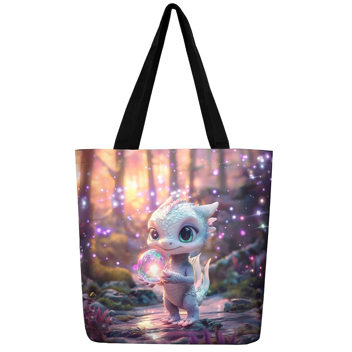 Loussiesd Dragon Canvas Tote Bags for Women Gifts 50cmx40cm Cute Travel Beach Bag Wild Life Large Capacity Shoulder Handbags Dragon Decor Reusable Grocery Bag for Shopping Gym Pink Purple