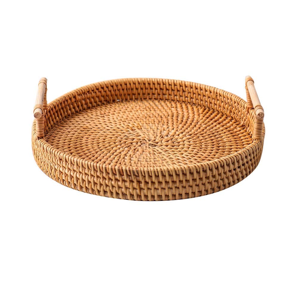 Sziqiqi Bandeja de Servicio de Ratán con Asas Juego de 3 bandejas de Mimbre Tejidas a Mano Bandeja de Ratán Bandeja Decorativa Rústica para Desayuno, Bebidas, Refrigerios, Pan para Mesa de Café Bar