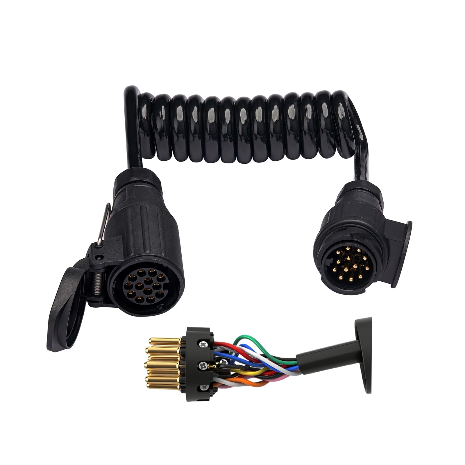 BEIJISTAR 1.6M Aanhanger Verlengkabel 13 Polige, met Stekker en stekkerdoos, Conform ISO 11446, 12V Spiraalkabel 13 polige, Aanhanger Stekker Verleng Voor PKW LKW RV Aanhanger