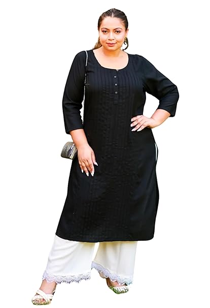 PrettyPlus by Desinoor.com Plus Size Pintex Solid Rayon Kurta for Women