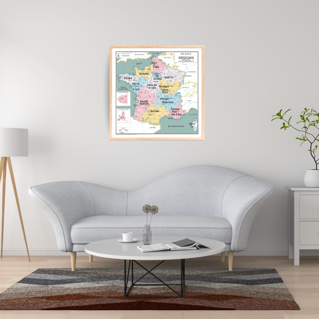 Carte de France Murale - Carte Administrative - Régions - Modèle Vintage - Poster Plastifié 100x100CM