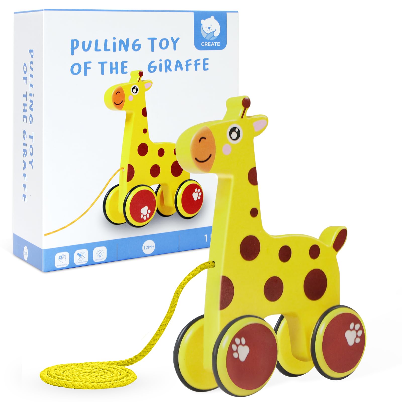 HOTUT Push and Pull Along Wooden Toy, Wooden Pull Along Giraffe Toys for 1 year old, Pull Along Toy for Toddlers Educational Toys for Baby, Early Development & Learning Toys Toddler Boy Baby Girl Gift