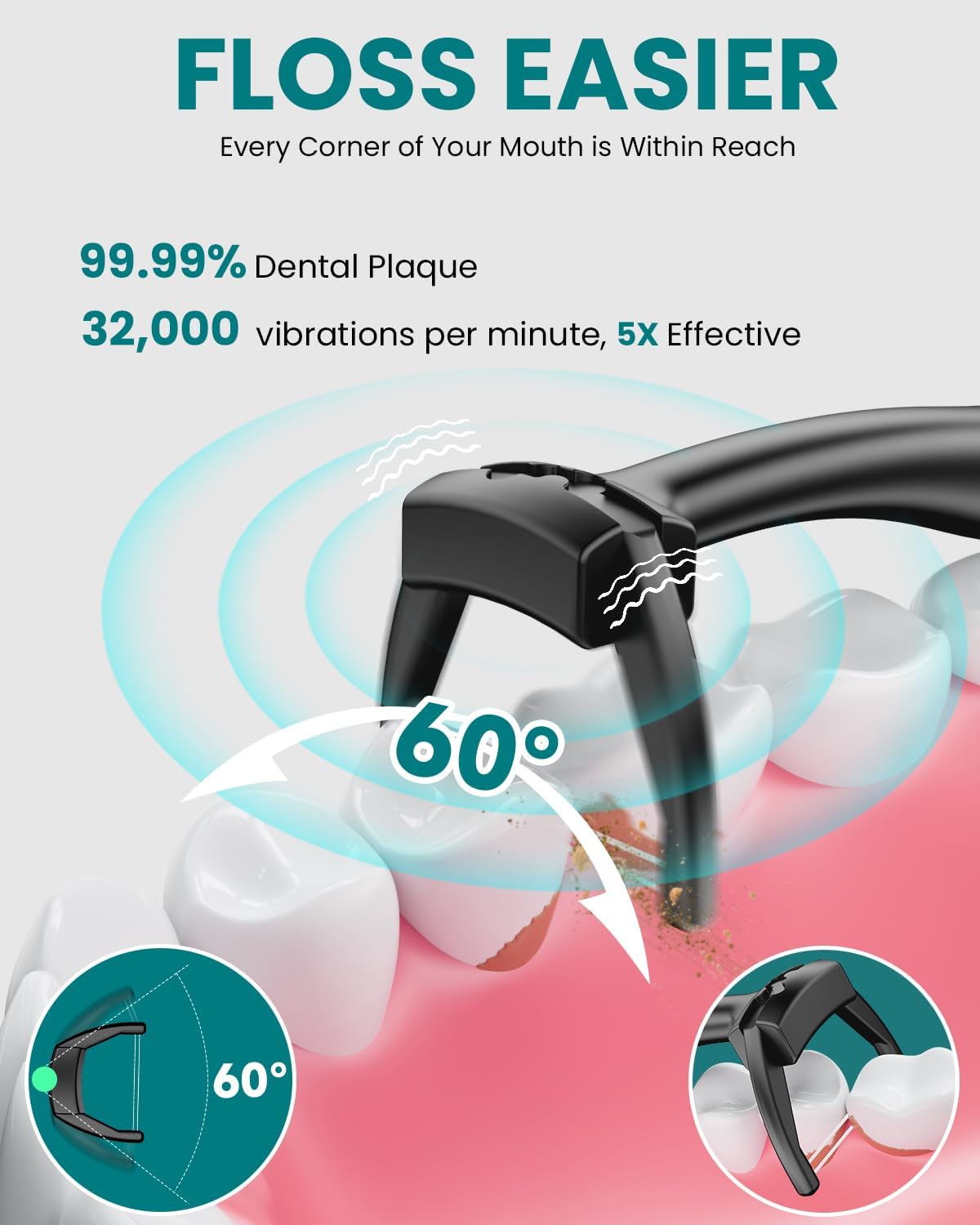 Electric Flosser for Teeth - 54 Refill Reusable Heads + 5 Speeds, 5X Cleaning & 60-Day Battery Life, Easy Glide Flossing for Gentle Gum Care, More Effective Than String or Water Flosser