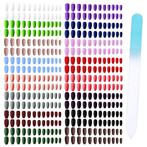 Umillars 384pc Matte Pure Color Coffin False Nails Artificial Fake nails Full Cover Fingernails 16 Colors & 12 Sizes Nail Tips Kit with One Crystal Nail File for Nail Art Salon DIY Decoration