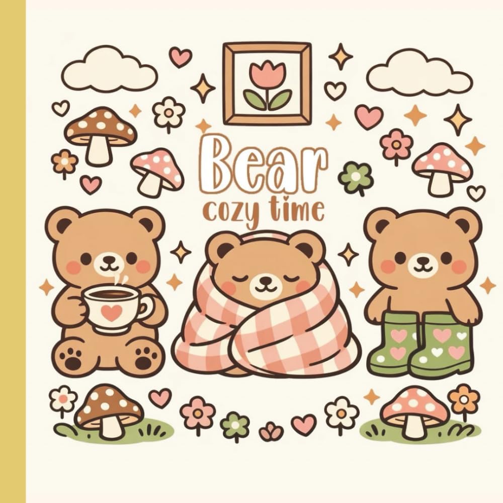 Bear Cozy Time: Cute cozy coloring book cover illustration for adult women bold thick black outlines simple large shapes minimal details kawaii cozy aesthetic