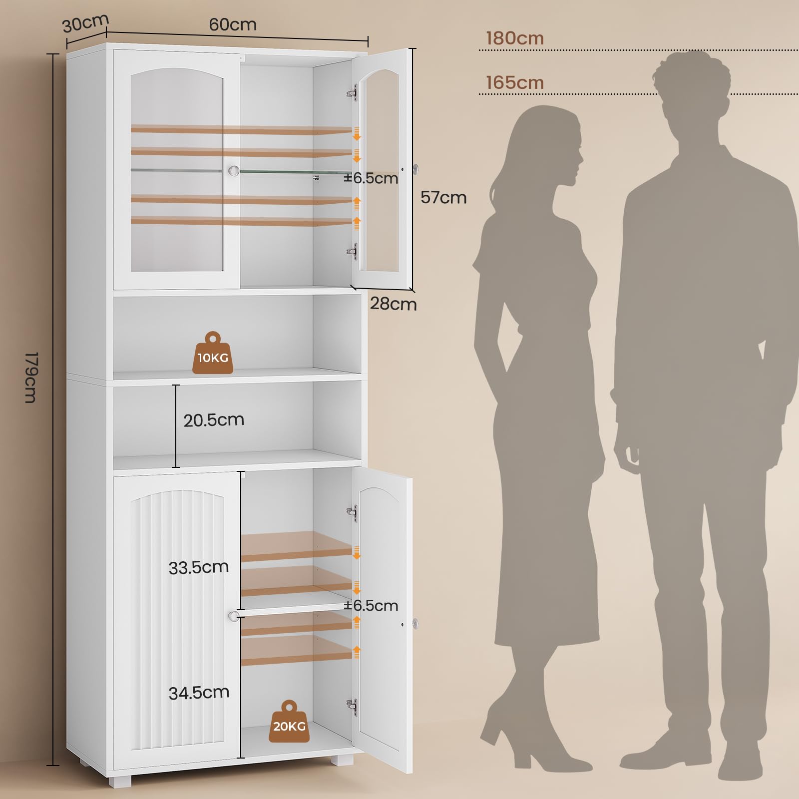 Meuble Colonne Salle de Bain avec Éclairage LED, Armoire de Rangement avec 2 Étagères Réglables, 2 Porte en Verre, Gain de Place, Armoire Haute pour Salon Cuisine, 60 x 29.5 x 179 cm, Blanc