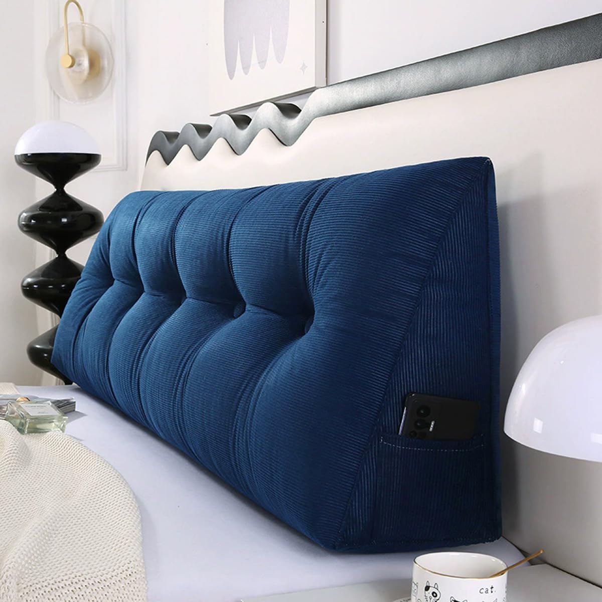 Almohada ergonómica de apoyo lumbar para cama y sofá, funda extraíble, color azul marino, 100 x 50 x 20 cm, cojín de respaldo ideal para mayor comodidad y apoyo postural