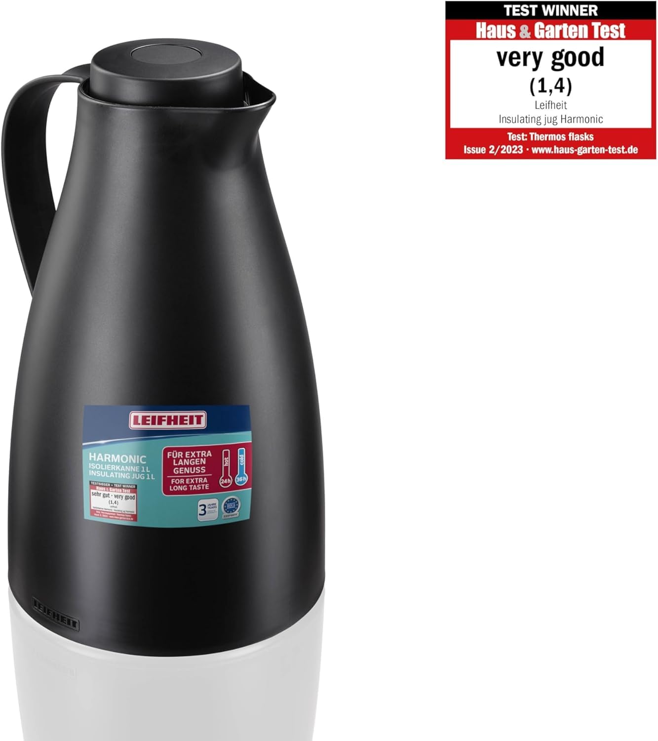 Leifheit Pichet isotherme 1L Harmonic, Pichet thermos café et thé 100% étanche, Thermos café chaud jusqu'à 24h, ouverture fermeture et versement d'une seule main, thermos design sans BPA, noir