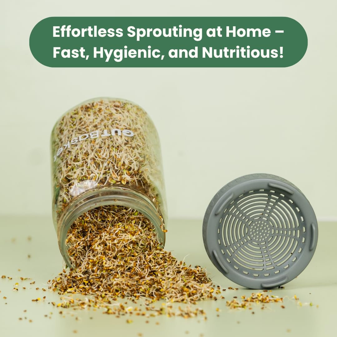 Gutbasket Sprouting Kit | Includes 2 Glass Sprout Jars (700 ml Each) with Sprouting Lids + Organic Seed Mix | Sprout Maker for Moong, Methi, Chana, Alfalfa, Radish | Sprout Jar with Guide — Amazon image 3