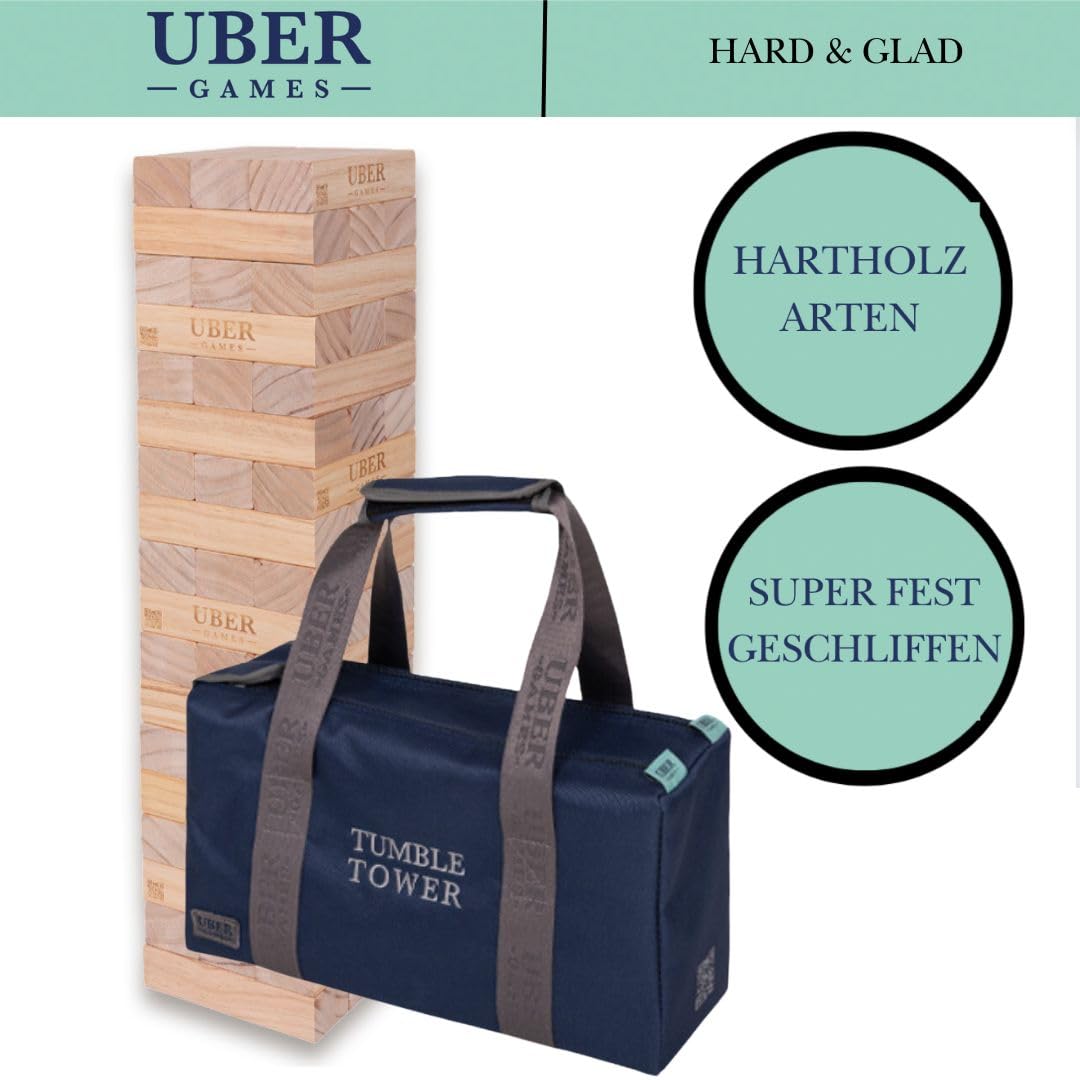 Ubergames Gigantyczna wieża ruchoma do 120+ cm XXL Jumbo Hi-Tower w torbie - 1,2 m (maks. w grze. Masywna sosna drewniana gra wieżowa - bardzo luksusowe bloki i torba (do 120 + cm)