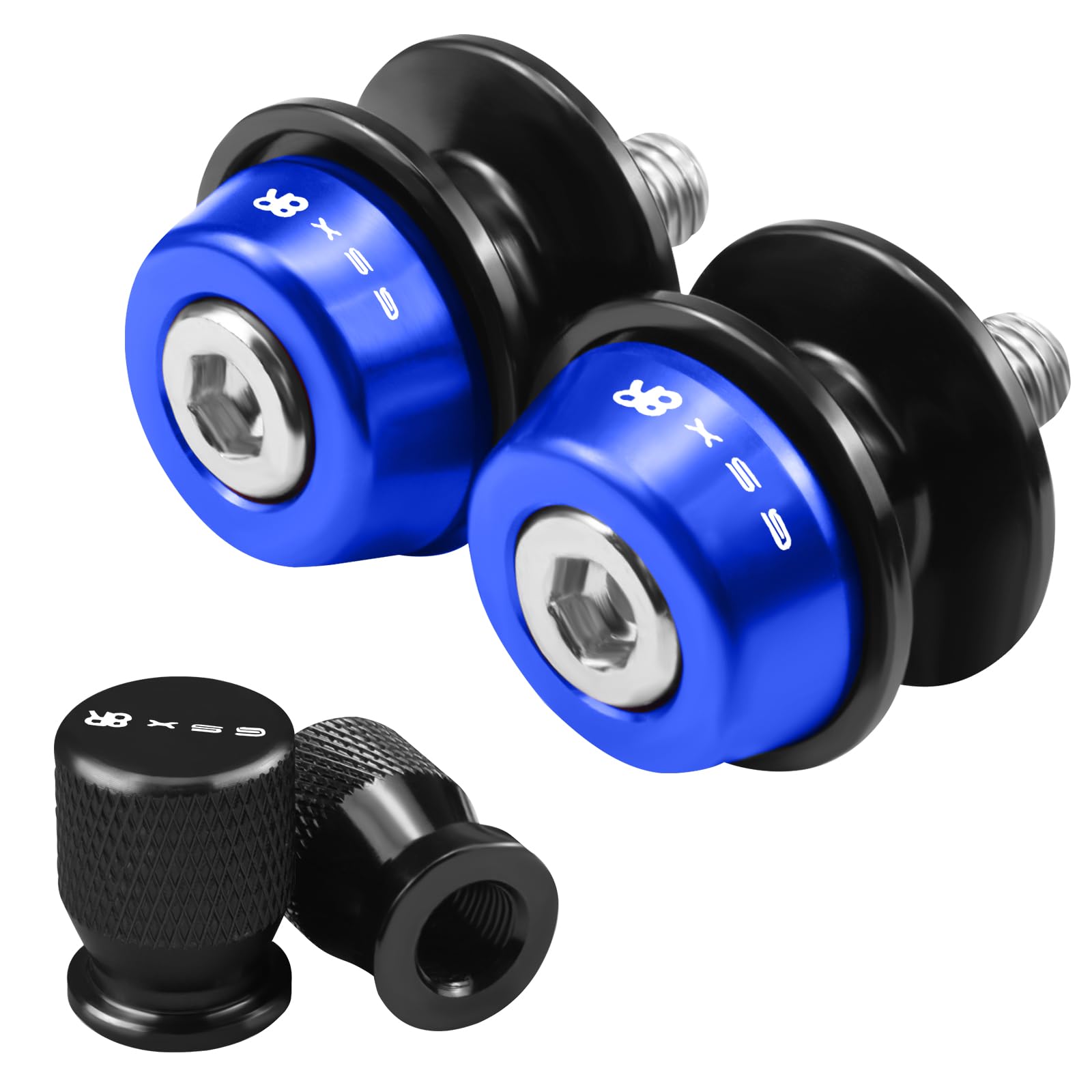2 Pièces Bobines De Bras Oscillant Moto& 2 Pièces Capuchon de valve de pneu de moto, CNC Aluminium Bobines Bras Oscillant Support pour GSX-8R GSX8R GSX 8R 2024(Blue)