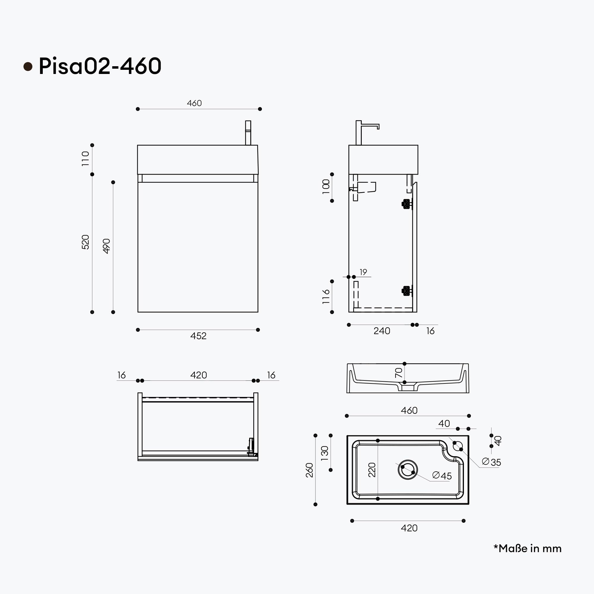 Mai & Mai Mueble de Baño con Lavabo 46x26x63 cm – Suspendido, Mármol Fundido Antracita Mate, Acabado Roble Stirling, con Espacio de Almacenaje
