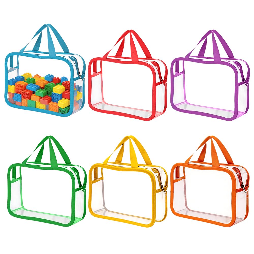 Wxeadu 6 Colors Clear Toy Storage Bags, Clear Storage Bags with Handle, PVC Organizing Bags with Zipper, Reusable Waterproof Toy Storage Organiser for Board Games, Building Blocks, Puzzles, 25x19x6cm