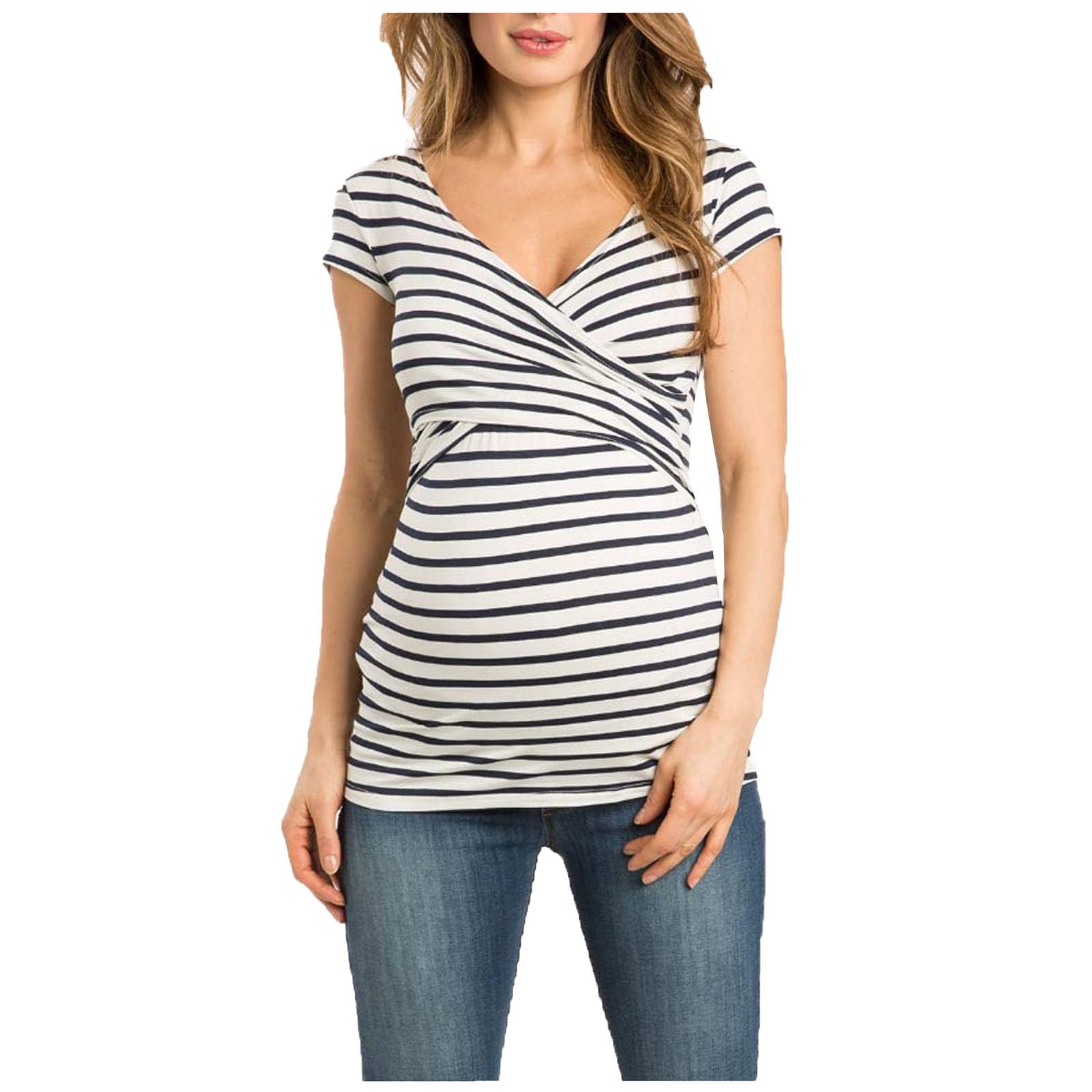 Premamá Tops Camisas de Lactancia Materna de Manga Corta para Mujeres cómodo Camiseta Estampado Raya Ropa Premamá de Enfermería Primavera Verano Regalo Durante el Embarazo