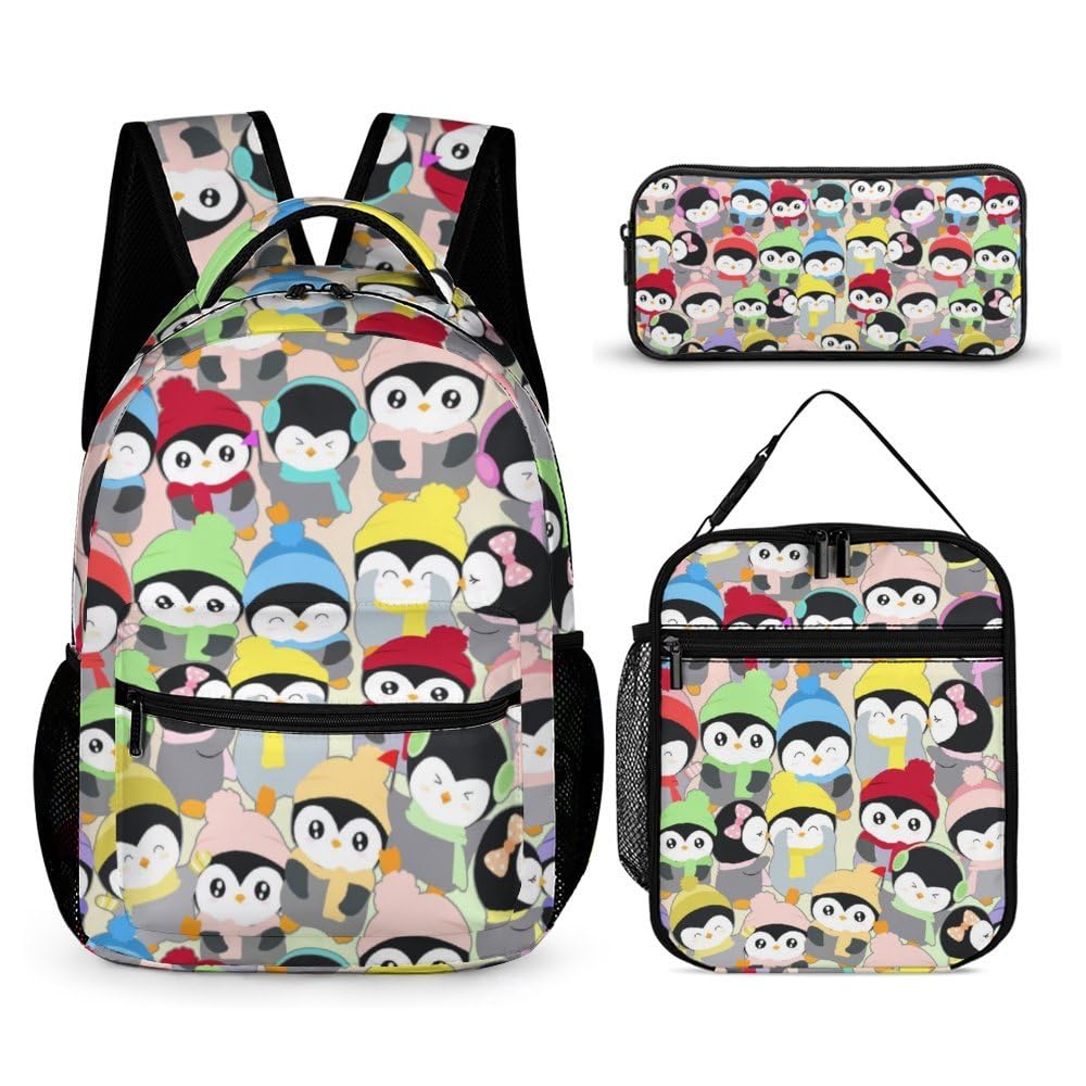 Penguin Backpack with Lunch Box & Pencil Case for Kids Girls Boys School, 16 Inch Cute Penguins Bookbag, School Backpack for Students Children,