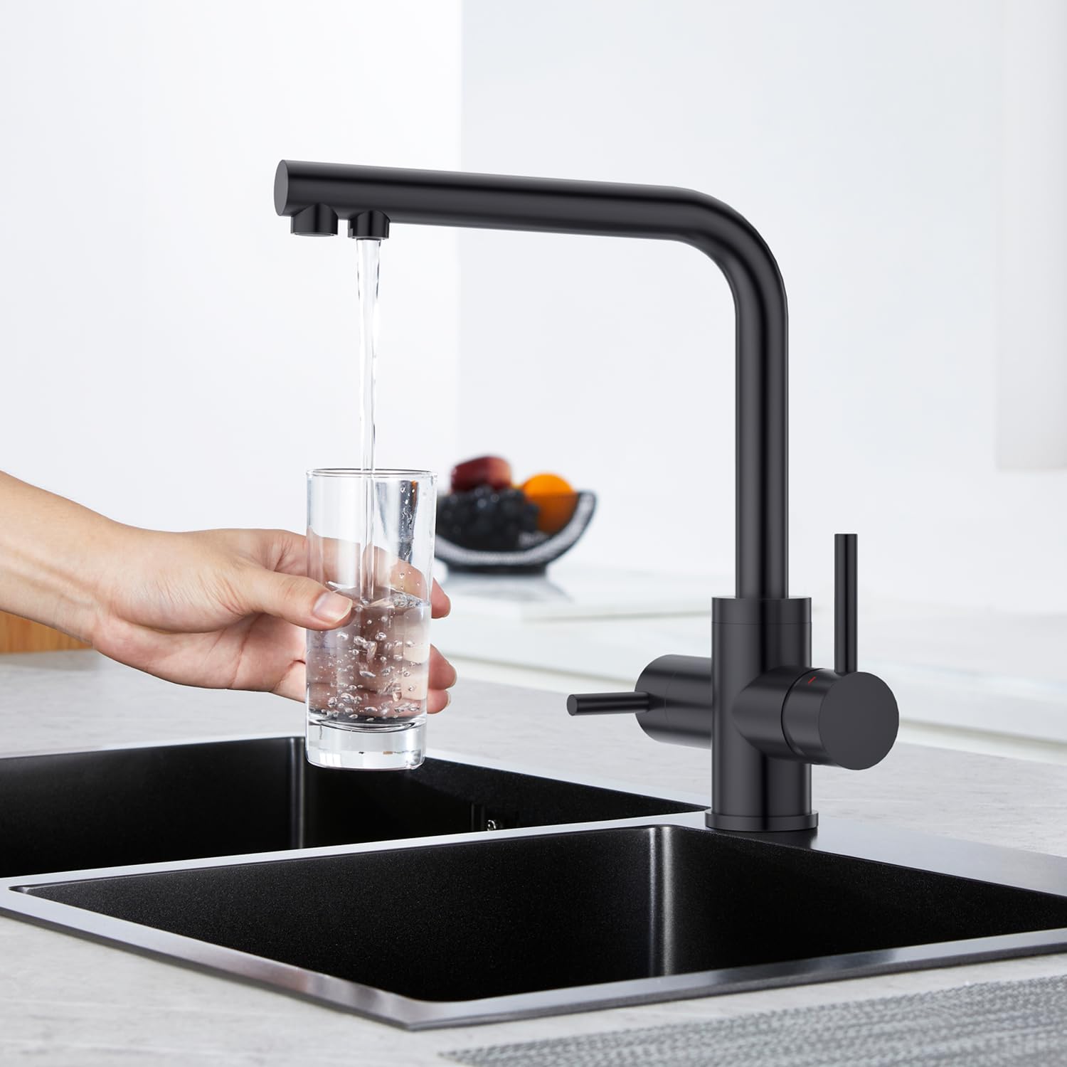 CREA 3-Way Kitchen Faucet Black, 360° Swivel Kitchen Fixture, 3-in-1 Mixer Tap for Water Filter, Drinking Water Tap with Double Lever Three-Way Fixture, Matte Black