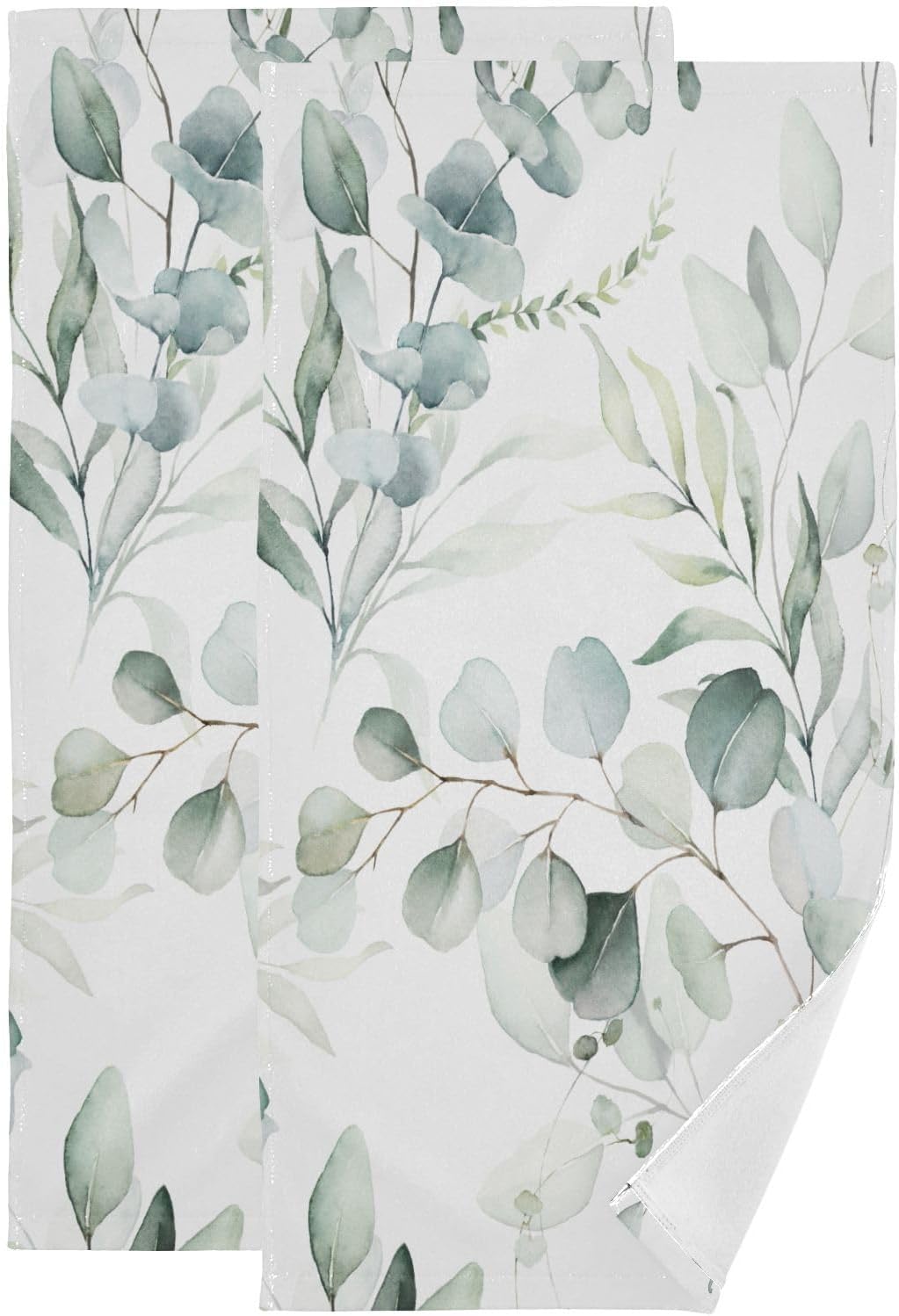 YOCIBIUT Sage Green Eucalyptus Hand Towels for Bathroom Set of 2,Absorbent Microfiber Watercolor Green Leaves Floral Kitchen Towels 14"x28",Leaf Decorative Bathroom Towels for Bath,Guest,Face,Shower