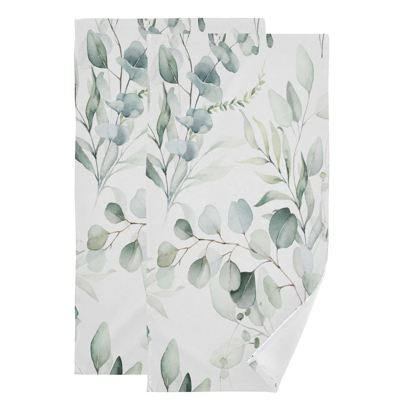 YOCIBIUT Sage Green Eucalyptus Hand Towels for Bathroom Set of 2,Absorbent Microfiber Watercolor Green Leaves Floral Kitchen Towels 14"x28",Leaf