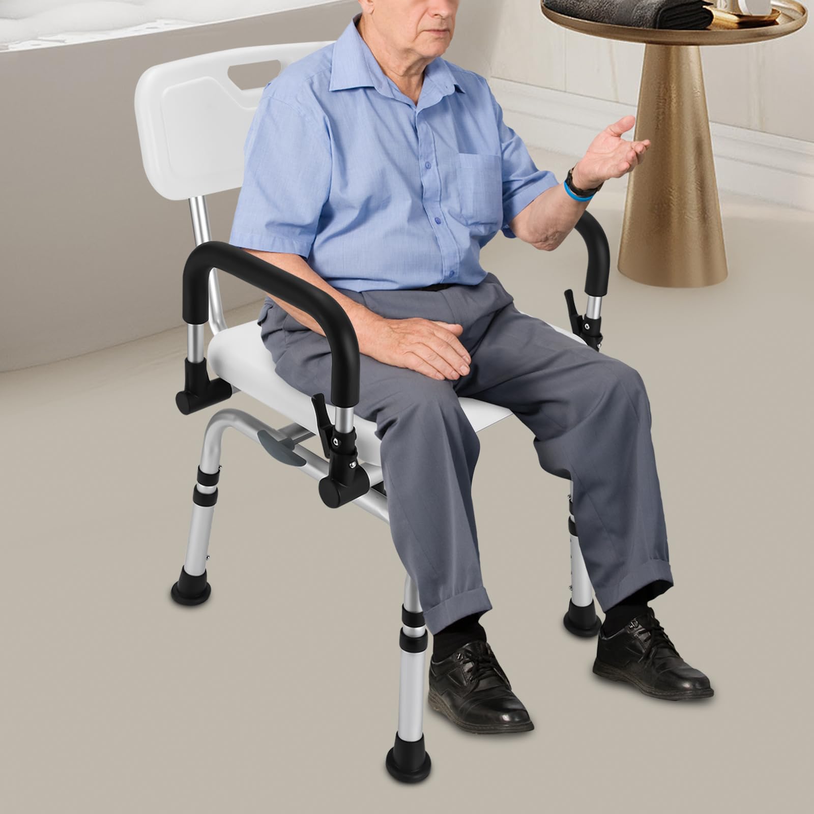 Silla de ducha con respaldo, reposabrazos y pies antideslizantes, base giratoria, hasta 180 kg, taburete de ducha de 40 a 48 cm de altura ajustable, cojín de asiento de 33 x 40 cm, cojín de ducha,