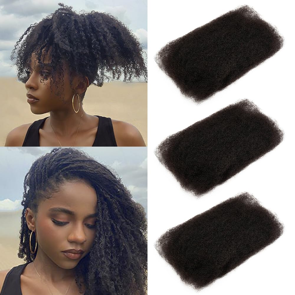 FASHION IDOL Afro Kinkys Bulk Echthaar für Dreadlock Extensions 40CM 3 Packungen 150 Gramm natürliche schwarze Loc Reparatur Afro Kinky Flechten Echthaar für Locs 5.3 Oz