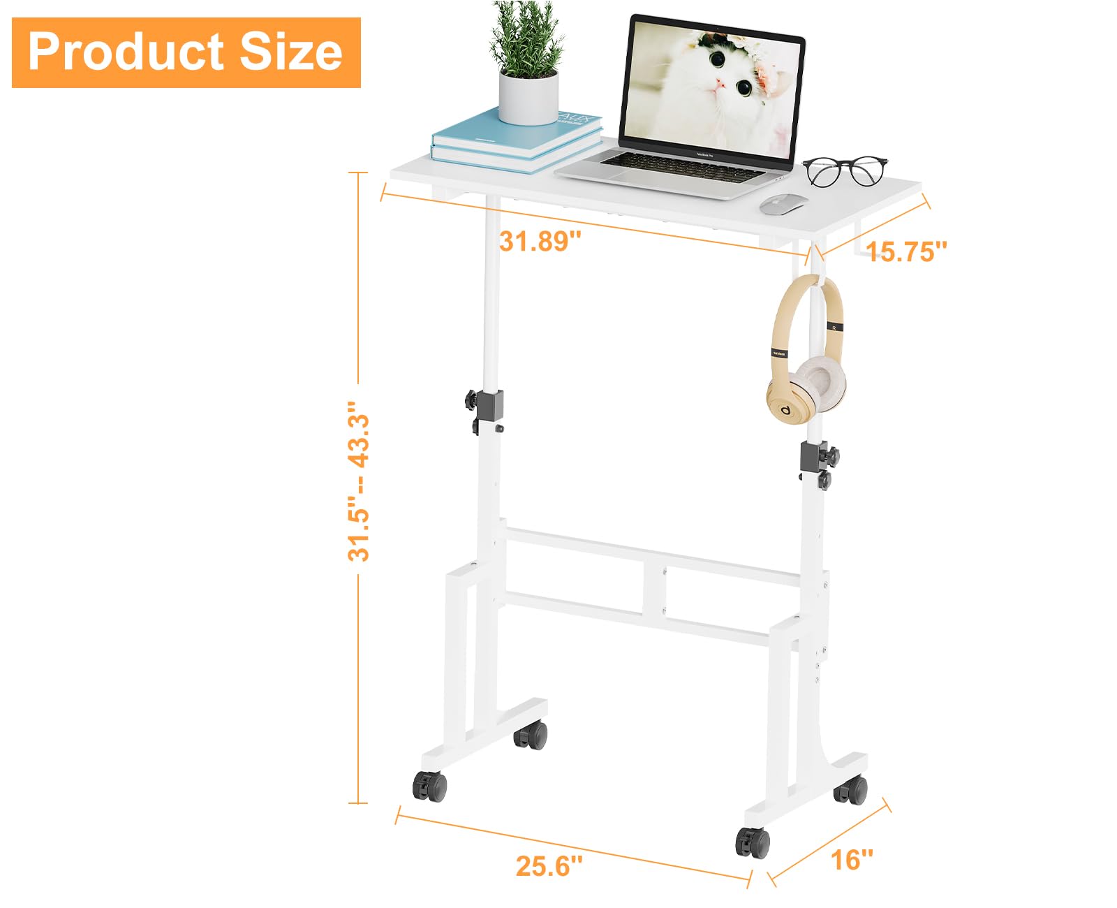 Small Adjustable Height Standing Desk With 2 Hooks Rolling Sit Stand Up Desk With Wheels Adjustable Mobile Portable — view 2