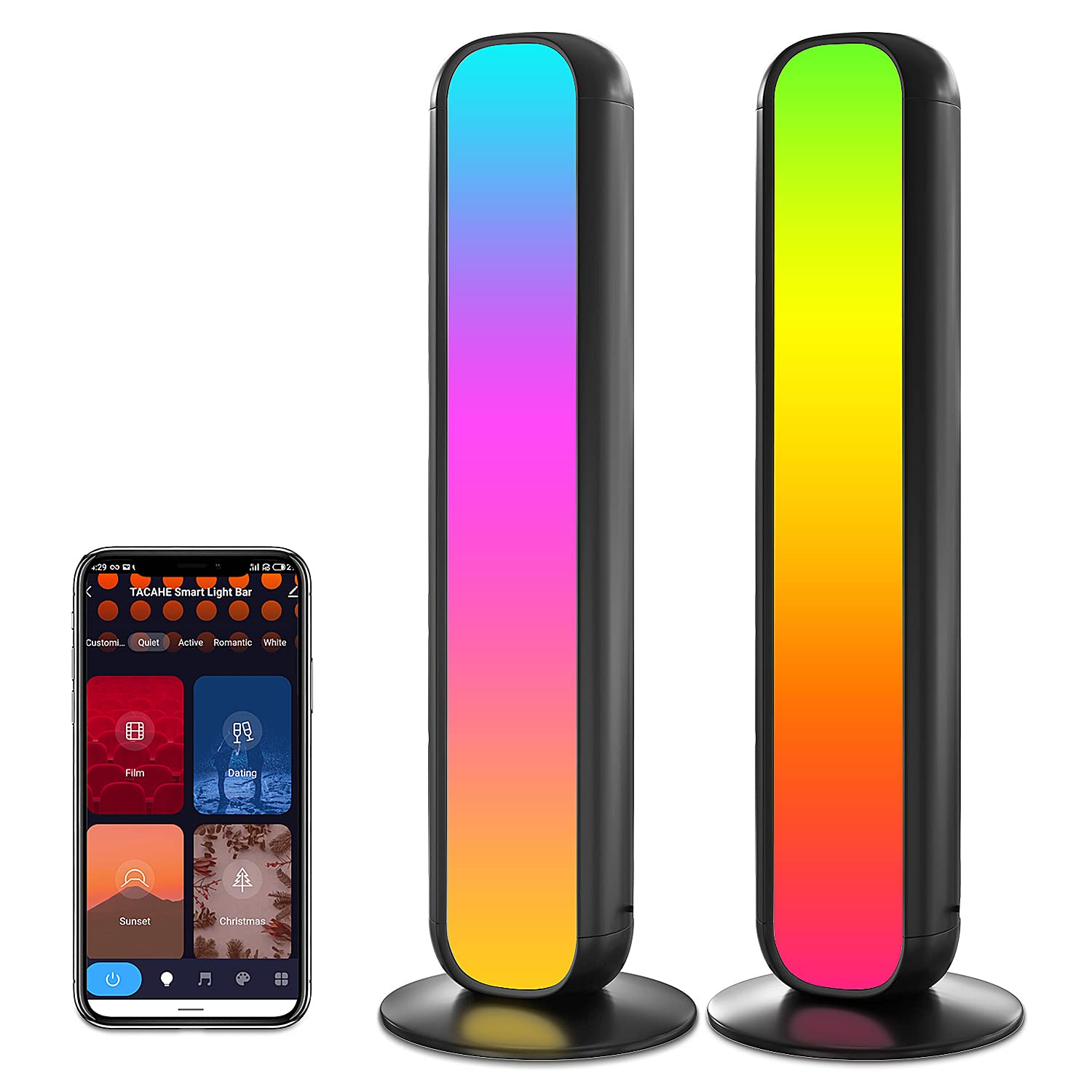 TACAHE Smart Ambient Light Bar - RGB Pattern & 3000K Warm White - APP Control - Sound Recognize Monitor Backlight, Mood Light for TV, Table Setup - Black