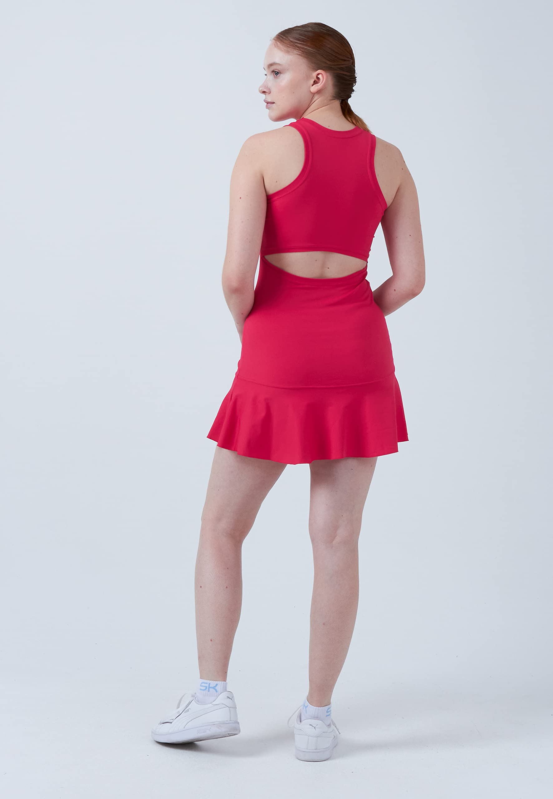 Sportkind Mädchen & Damen Tenniskleid Performance mit raffiniertem Rückenausschnitt UV-Schutz 50+ ärmellos Hibiscus pink Gr.