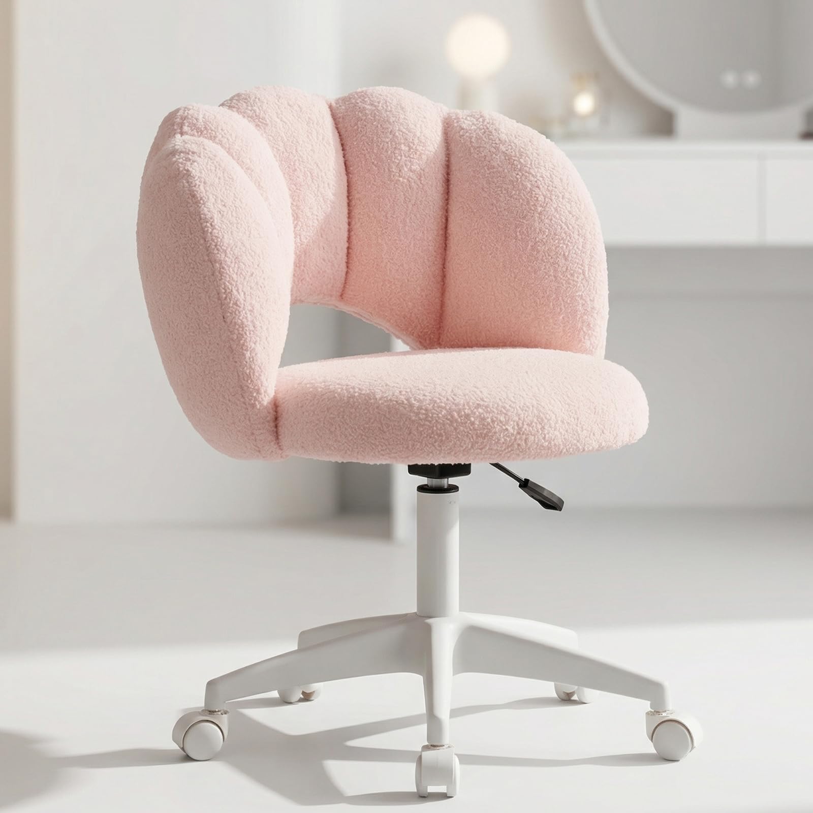 JMYXF Vanity Chair 360° Swivel Desk Office Chair Height Adjustable Makeup Dressing Table Chair for Home Office Bedroom Swivel Chair Teddy Fleece Modern Home Chair (Cloud Pink)