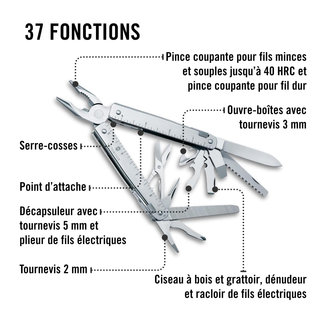 Victorinox Swiss Tool X Plus Couteau de Poche Suisse, Couteau Multifonction, 37 Fonctions, Tire Bouchon, Lame Fixe, Etui, Argent