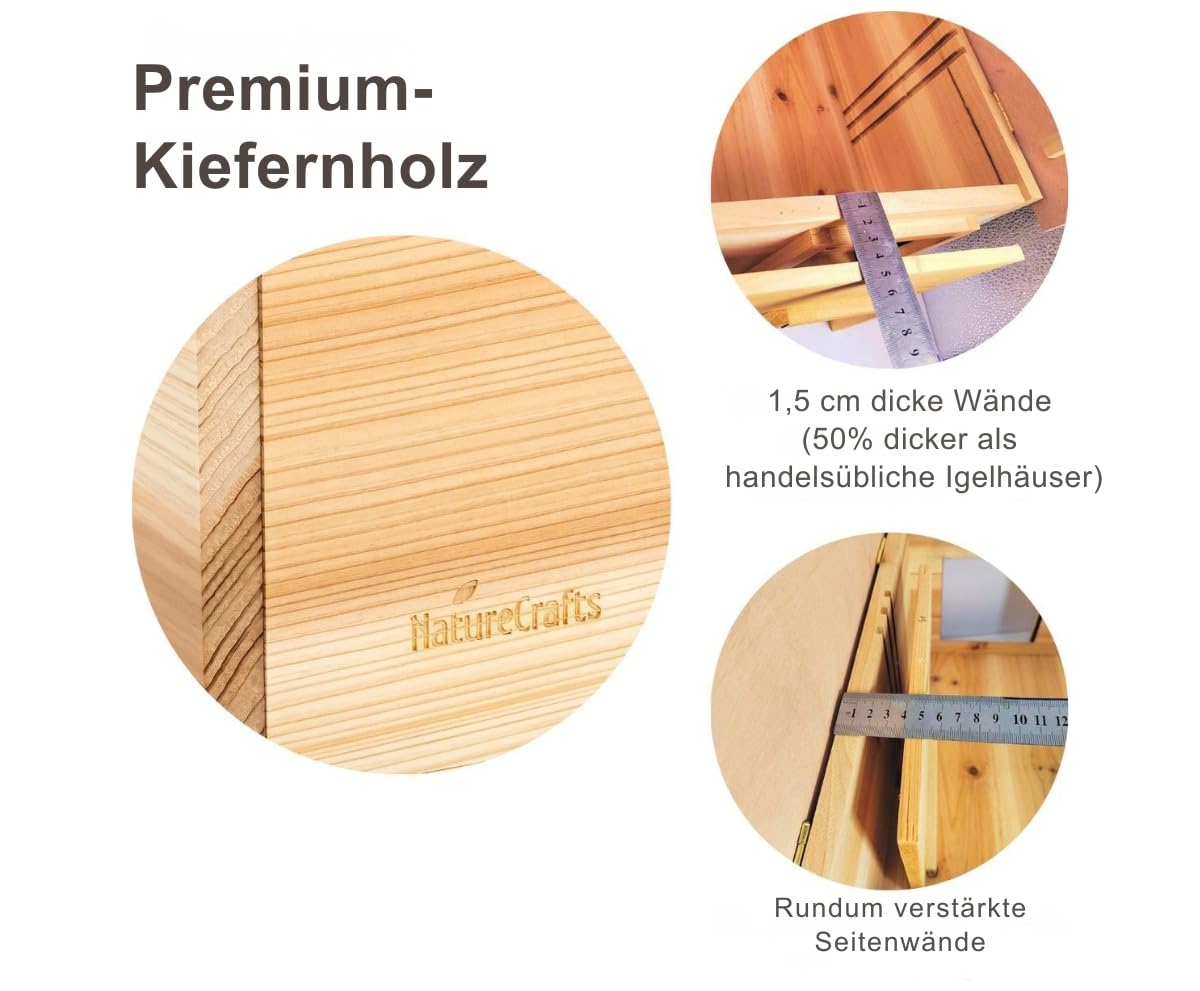NatureCrafts, casetta per ricci di alta qualità, impermeabile, con fondo e pareti spesse 1,5 cm e doppia ventilazione, labirinto regolabile con tunnel walk-in legno, casa invernale da giardino, 45 x
