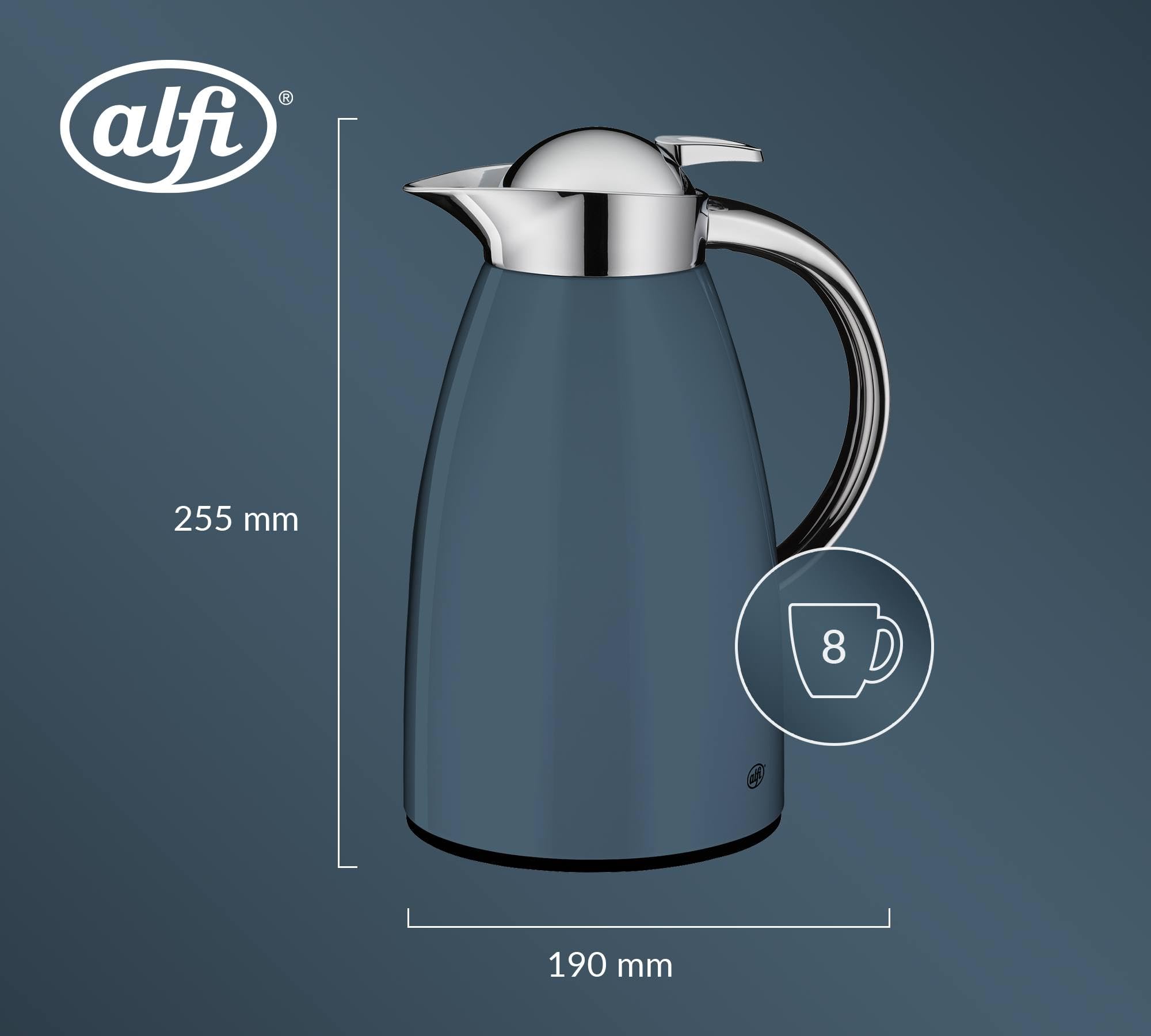 alfi SIGNO Isolierkanne 1,00 l, 12 h heiß, Edelstahlkörper, river blue | 24h kalt, Kaffee & Teekanne, Einhandbedienung, Hartglaseinsatz, Drehverschluss mit Drucktaste, blau glänzend