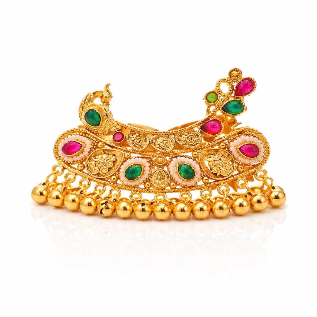gc premium jewellery Antique Gold Plated Double Finger Ring with Polki Stones Ghungroo Beads Adjustable Free Size Bridal Ring for Women-picture-45