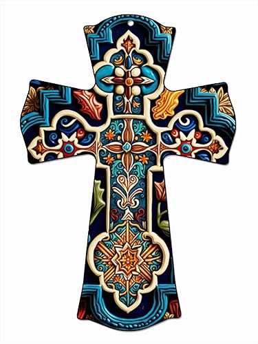 CALUOHO Crucifijo de pared rústico pintado a mano Talavera grande de cerámica estilo español, crucifijo mexicano para el hogar, granja, cocina, sala