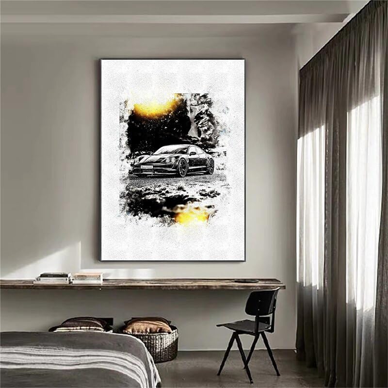 Amazon.co.jp: 現代絵画抽象レトロ黒車キャンバス絵画北欧高級車