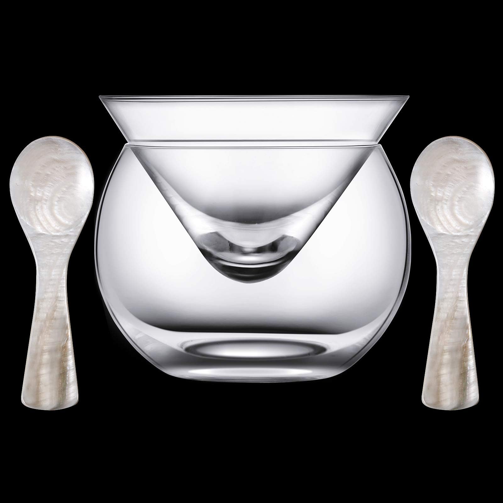 Patelai Glass Caviar Chiller Server Set and 2 Pieces Caviar Spoons 3.2 Inch Shell Spoon Mother of Pearl Caviar Spoons Round Handle for Caviar, Egg, Ice Cream, Coffee, Restaurant Serving