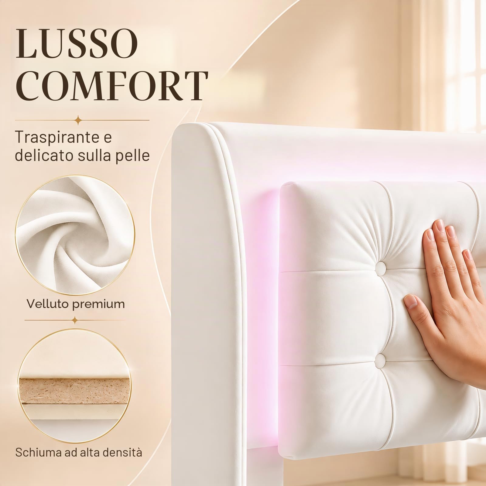 BRILVERDE Letto Imbottito 180x200 con Contenitore cassetti, Letto matrimoniale con LED, con testiera, Struttura Letto con Rete a doghe, Velluto (Beige, 180 x 200 cm)