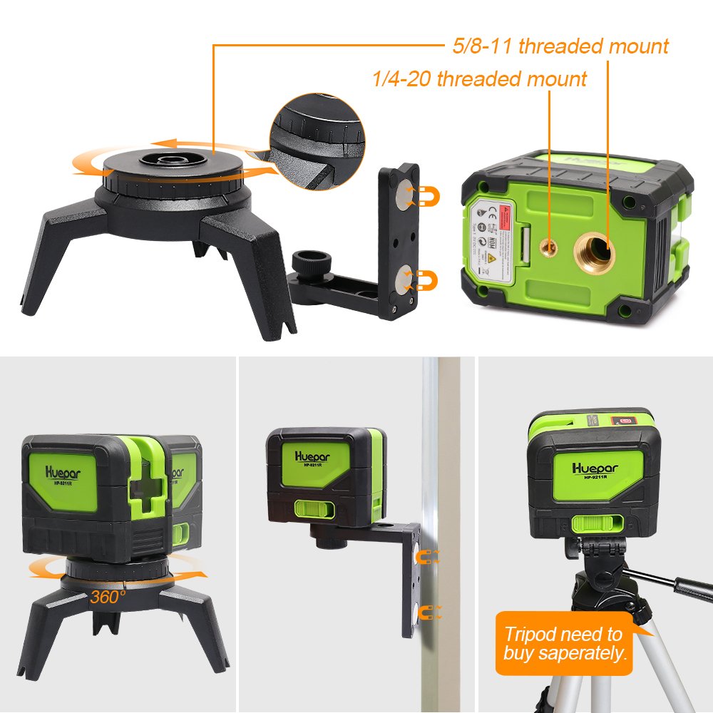 Cross Line Laser Level with 2 Plumb Dots Huepar M9211G Green Beam