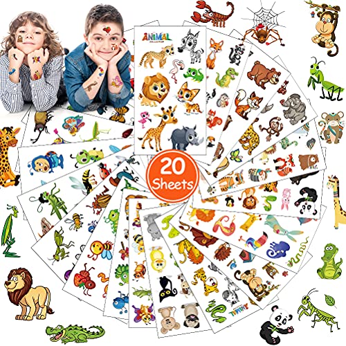 Tattoo Kinder,20 Blätter Temporäre Tattoos Kinder Tier Insekt Temporary Tattoo Aufkleber,Wasserfest Cartoon Kindertattoos Tattoos Sticker Set für Jungen Mädchen Kindergeburtstag Mitgebsel Party Deko Cover