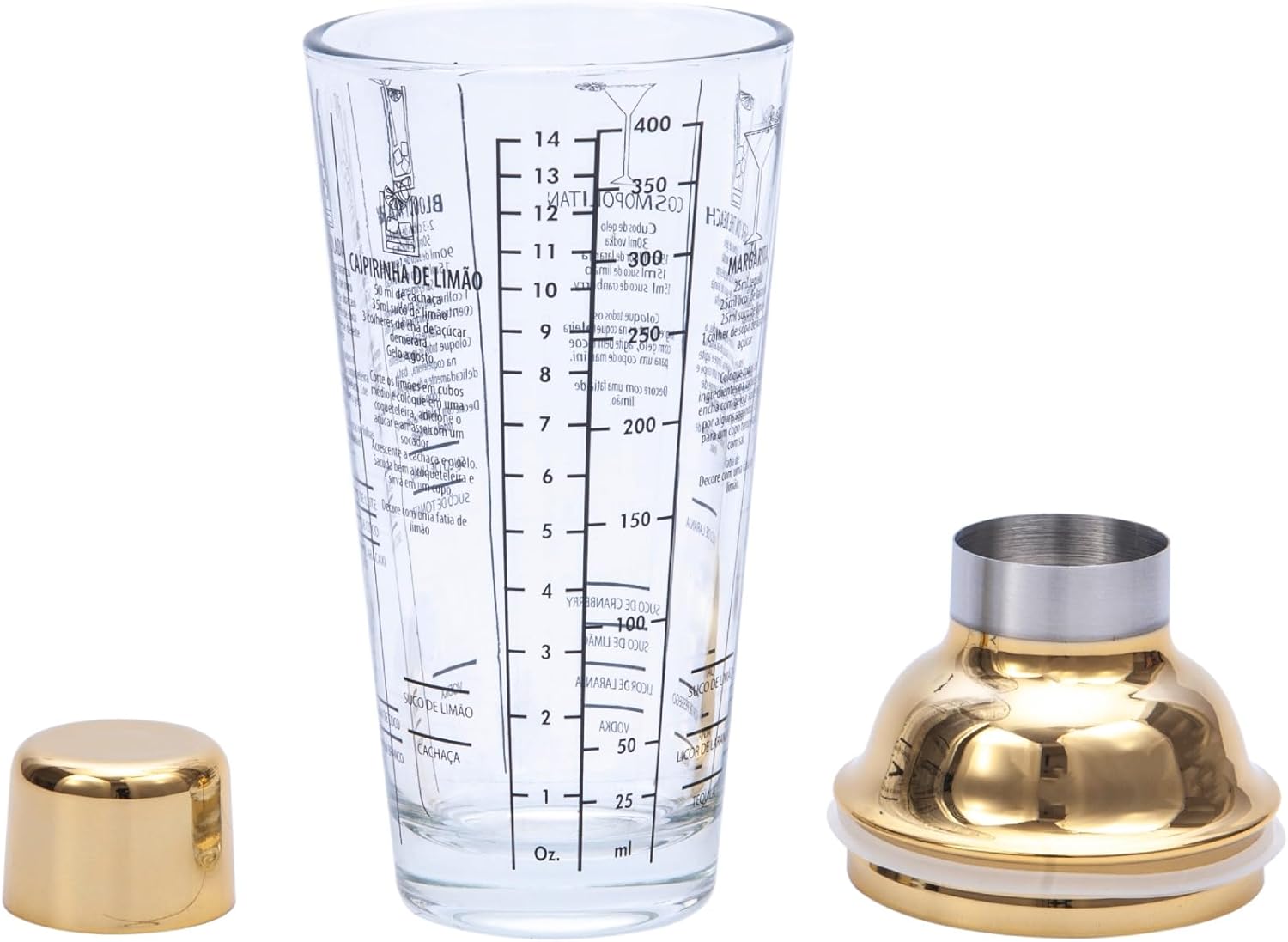 Glass Cocktail Shaker With Recipes on Side,13.5oz Martini Shaker Gold Cover with Strainer Drink Shaker with Glass Cup for Home